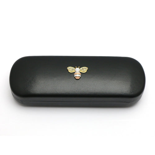 TWINKLE TWINKLE Pink&White or Yellow&Black Bee Crystals Black Leather Covered Honeybee Diamonds Glasses Case Hard Shell Eyeglasses Bee Case Protective for Men&Women Girl&Boy Gift Manchester