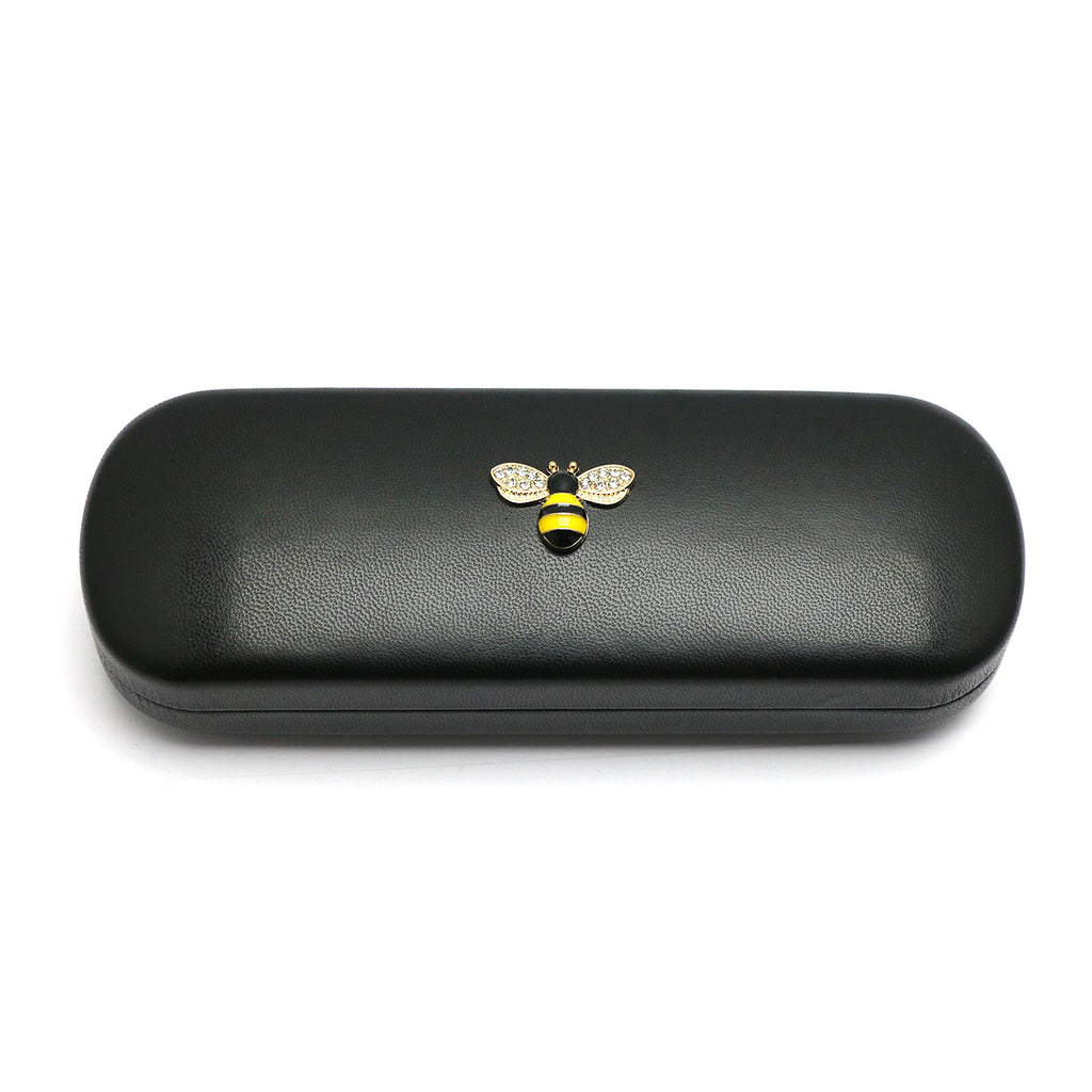 TWINKLE TWINKLE Pink&White or Yellow&Black Bee Crystals Black Leather Covered Honeybee Diamonds Glasses Case Hard Shell Eyeglasses Bee Case Protective for Men&Women Girl&Boy Gift Manchester