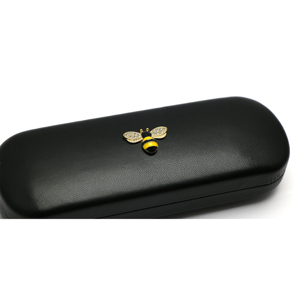 TWINKLE TWINKLE Pink&White or Yellow&Black Bee Crystals Black Leather Covered Honeybee Diamonds Glasses Case Hard Shell Eyeglasses Bee Case Protective for Men&Women Girl&Boy Gift Manchester