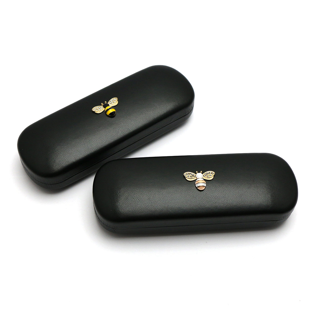 TWINKLE TWINKLE Pink&White or Yellow&Black Bee Crystals Black Leather Covered Honeybee Diamonds Glasses Case Hard Shell Eyeglasses Bee Case Protective for Men&Women Girl&Boy Gift Manchester
